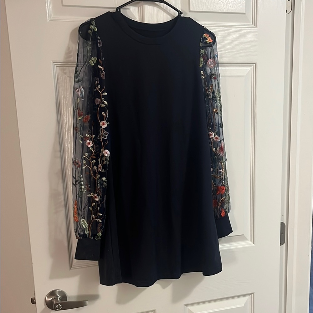 Navy Dress with Floral Embroidered Sleeves